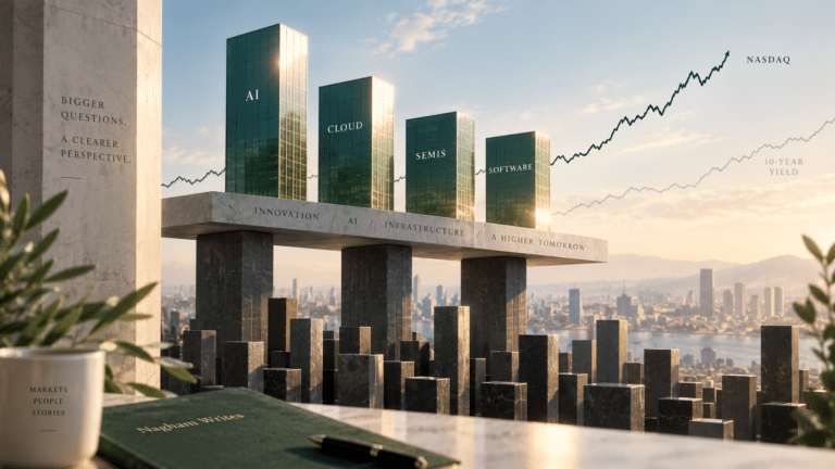 Editorial illustration of AI and technology towers rising above the broader market, with Nasdaq and Treasury yield lines in the background.