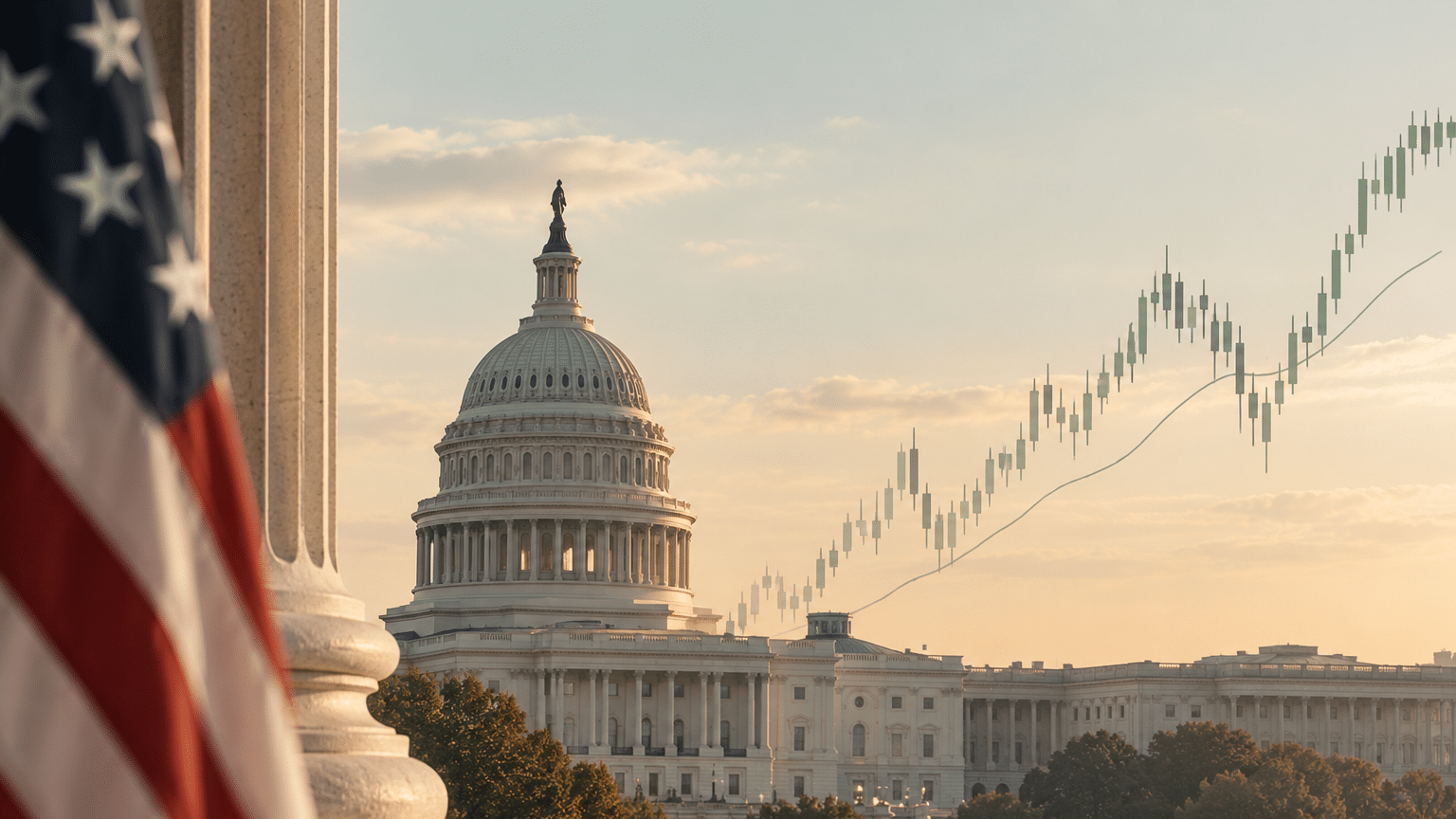 U.S. Capitol at dusk with stock-market chart, illustrating the 2026 midterm election and financial markets.