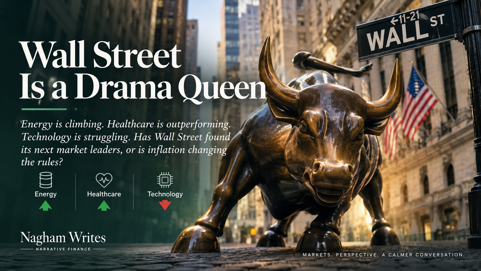 Wall Street bull and market sector rotation illustration for Nagham Writes